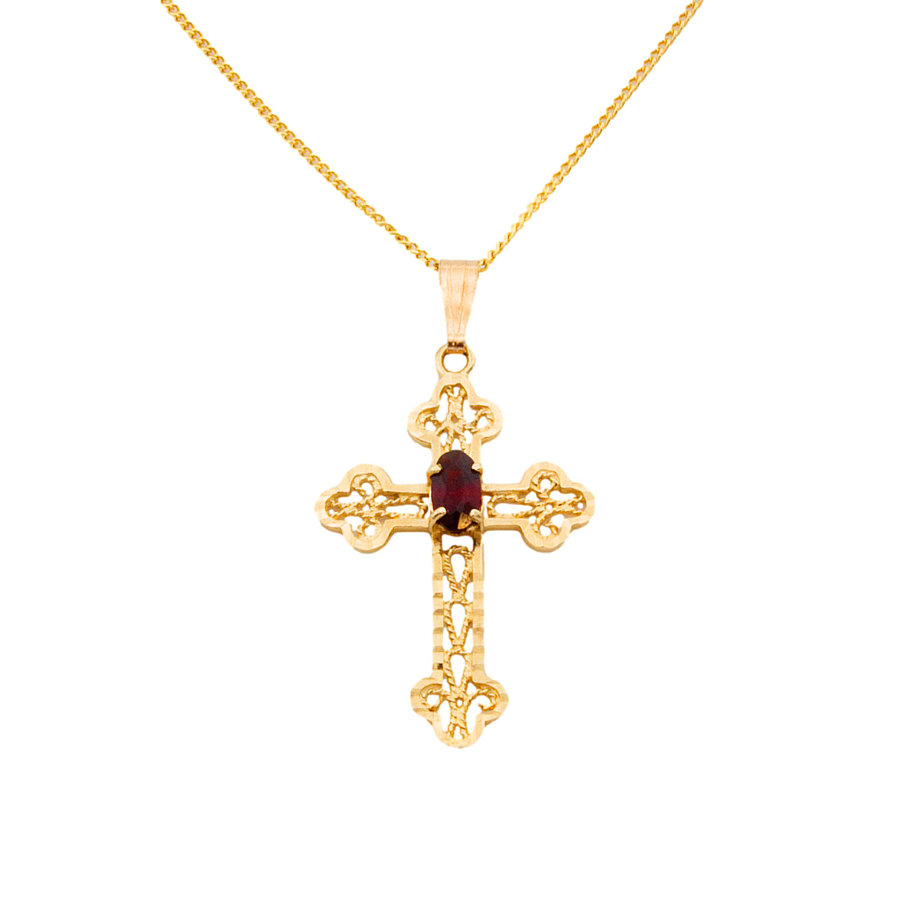 9ct Gold Garnet Cross Pendant with Chain